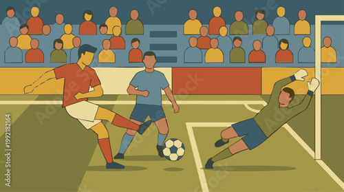 Fotografia Flat illustration of a soccer game with a shot on goal and diving goalkeeper