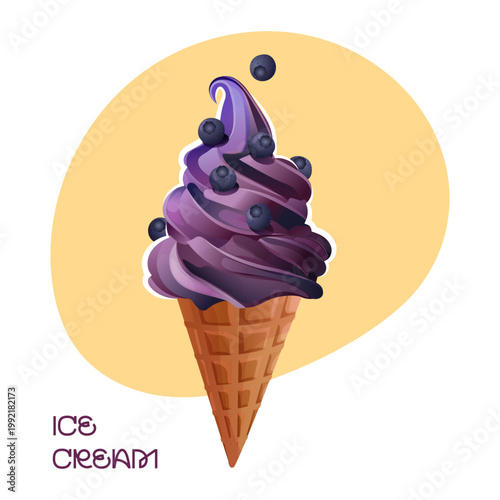 Blueberry ice cream cone illustration isolated on neutral background, realistic dessert design