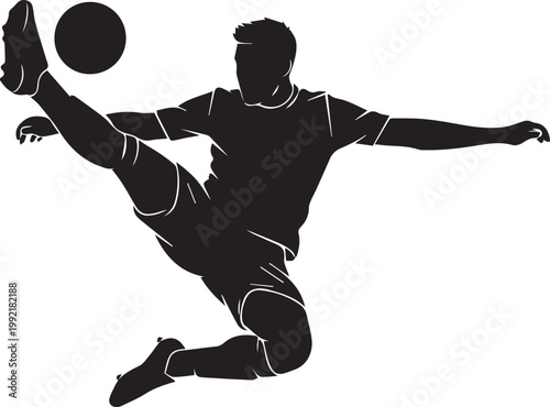 Silhouette of soccer player in mid-air kicking ball high up during game active dynamic pose isolated on checkered background.