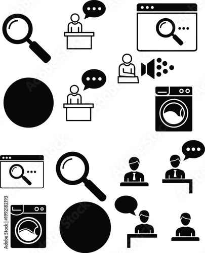 Communication, search, teamwork, and analysis icons set featuring magnifying glass, browser window, washing machine, speech bubble, people discussion, professional design illustration