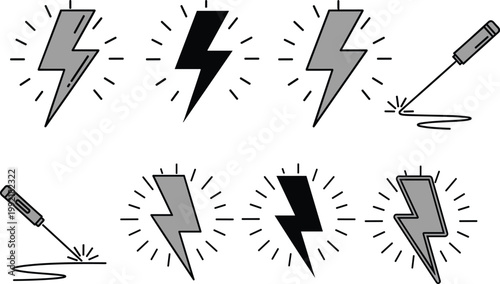 Electricity and welding icons set featuring lightning bolts, sparks, industrial tools, energy power symbols, illumination, engineering, work process illustration design