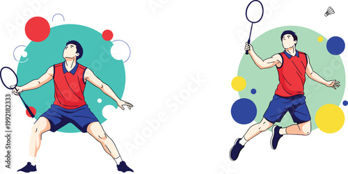 Badminton Player Action Vector Illustration Set Featuring Smash and Jump Shots with Male Athlete Characters in Modern Flat Design Style