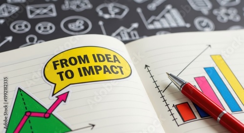 Yellow pencil arrow from idea to impact with charts and bar graph