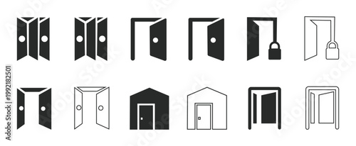 Collection of various door icons on white background for design and architecture
