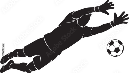 Silhouette of male soccer goalie diving for ball, action sport concept, isolated on checkered background.