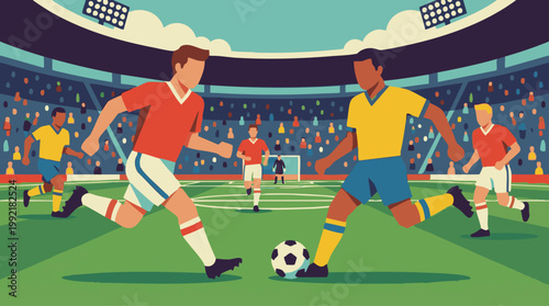 Tableau sur toile Soccer players in a vibrant stadium competing for the ball during a match