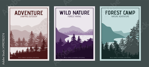 Forest poster. Mountain silhouette landscape. Sky horizon, tree, river. Nature graphic design, travel vertical flyer. Adventure tourism scenery. Vector banner garish camping vintage style illustration
