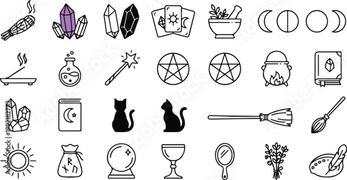 PrintVector set of mystical witchcraft line icons featuring crystals, tarot cards, potions, celestial symbols, and magic tools on a white background.