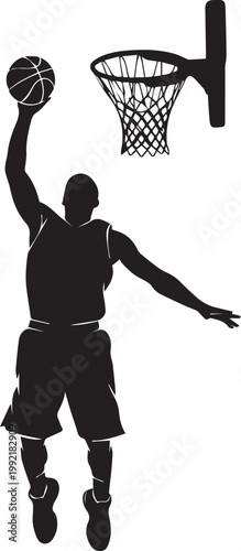 Basketball player performing dunk shot on hoop, dynamic jump, silhouette with outline on checkered background.