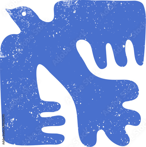 Blue bird silhouette design element for summer. Dove isolated on white background. Grunge texture wall art.