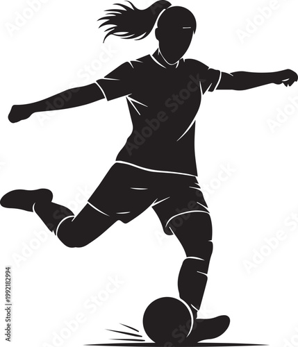 Black silhouette of female soccer player kicking ball on transparent background artistic representation of dynamic sport movement.