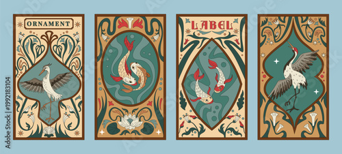 Art deco label. Vintage frame. Fish bird antique ornament design. Heron border for wine. Element floral shape, retro sticker. Art nouveau lotus and lily. Vector luxury decor tidy plaque isolated set