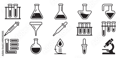 Advanced Lab Equipment Icons. Microscope Tube Flask Science Set. Vector illustration eps 10