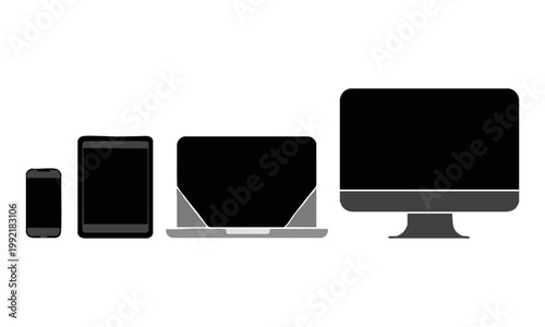Modern device mockup set with smartphone tablet laptop and desktop screens vector illustration.