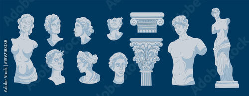 Sculpture Greek. Statue antique elegant, Roman culture. Ancient art architecture. Gypsum bust, classic bas relief. Sticker goddess for poster design. Vector tidy cartoon isolated illustration set