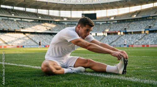 Caucasian male soccer player sitting on the grass and stretching in a stadium. Professional athlete in white uniform warming up before a football game. Sports and fitness training