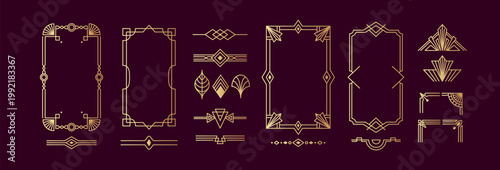 Geometric elegant frame. Art deco ornament. Border Gatsby style. Gold line element. Luxury design. Icon vintage, decorative pattern for card. Vector retro decor cartoon flat style isolated templates