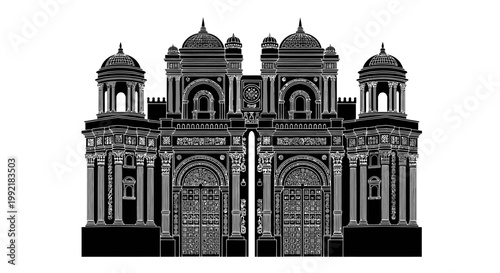 Ornate Building Facade with Domes.