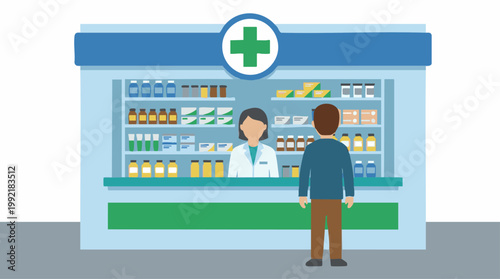 Pharmacist assisting a customer at a pharmacy counter with medicines