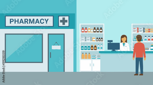 Pharmacist assisting customer at a modern pharmacy counter, flat design