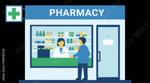Pharmacist assisting a customer at the counter of a modern pharmacy storefront