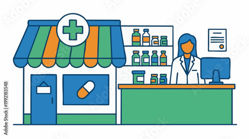 Illustration of a pharmacy store with a female pharmacist and medicine
