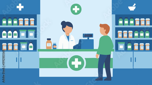 Pharmacist serving a customer at the counter in a modern pharmacy