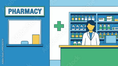 Illustration of a pharmacist at a drug store counter with medicines
