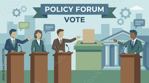 Policy forum and vote illustration with speakers at podiums and ballot box