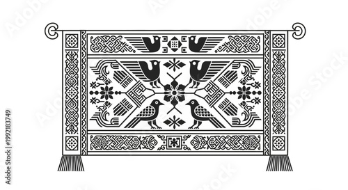 Detailed ornate tapestry with tassels.