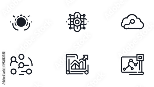 Digital Network of Futuristic Design: A visually striking array of meticulously crafted digital icons, each representing core concepts of technology.