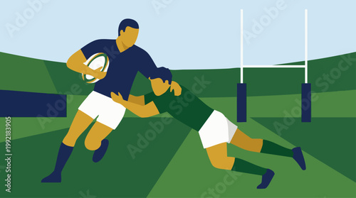 Rugby match action: two players tackling on a green field with goalposts