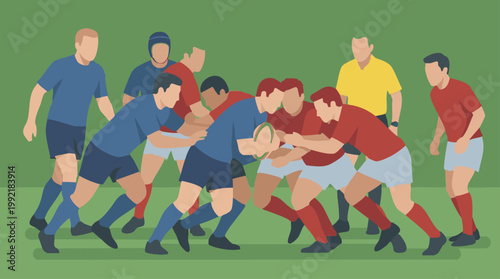 Illustrated rugby players in action on a green field during a match