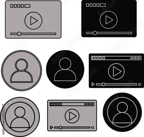 Video player and user profile icons set with play button screens, digital interface design, media streaming, communication, technology concept illustration symbols
