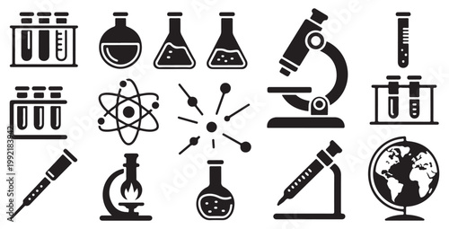 Laboratory microscope and experiment equipment icon set. Vector illustration eps 10