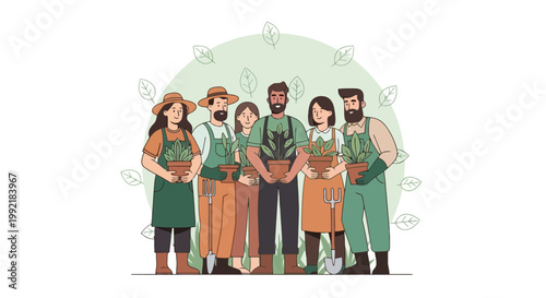 Diverse Group of Gardeners Holding Plants in a Greenhouse.
