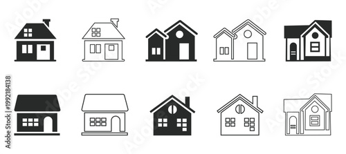 Set of house icons on white background, Various styles and designs, Black and white vector graphics