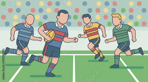 Rugby players running on a green field during a game in a stadium