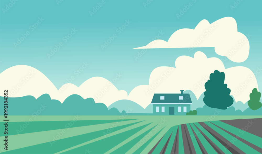 Fototapeta premium Agriculture farm. Farming field. Summer nature. Countryside barn or ranch house. Country green farmland scenery. Agricultura rural grassland. Sky clouds. Plantation land panorama. Vector illustration