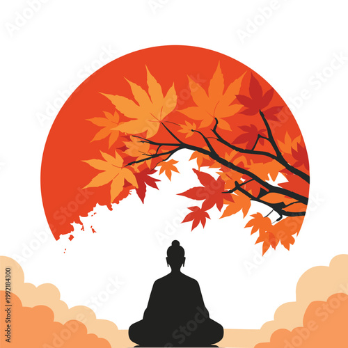 Buddha Meditating Under Autumn Maple Tree with Red Sun