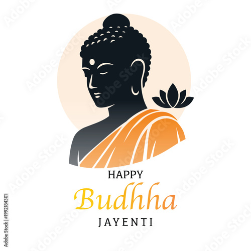 Happy Buddha Jayanti Greeting Card – Buddha Silhouette with Lotus Flower and Orange Robe on Light Background Illustration