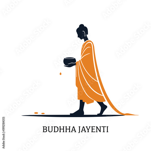 Buddha Jayanti Poster – Buddhist Monk Walking with Alms Bowl in Orange Robe Minimalist Silhouette Vector Illustration