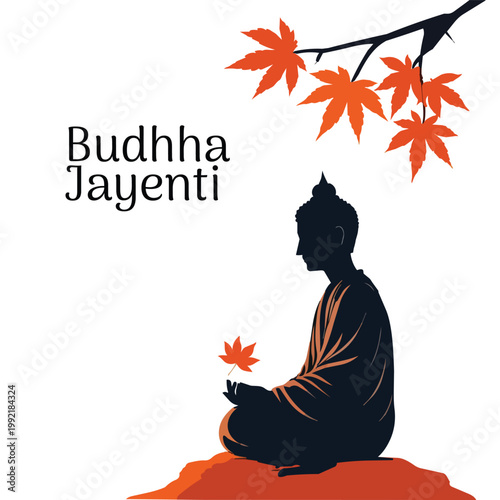 Buddha Jayanti Poster – Buddha Silhouette Meditating Under Autumn Maple Leaves Minimalist Spiritual Vector Illustration