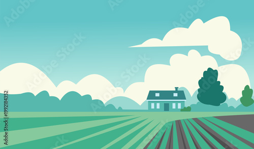 Agriculture farm. Farming field. Summer nature. Countryside barn or ranch house. Country green farmland scenery. Agricultura rural grassland. Sky clouds. Plantation land panorama. Vector illustration