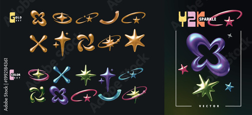 Y2K gold 3D icon. Shiny retro graphic symbol. Metallic star. Abstract sparkle and flower. Oval shape. Realistic render metal geometry. Award futuristic. Glossy cross. Vector color chrome figures set