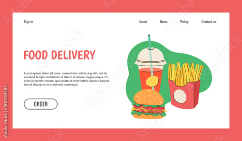 Food delivery landing page. Dinner order in cafe. Takeaway fastfood lunch. Website design template. Online service for purchase in restaurant. Cola glass. Fries potato and burger. Vector background