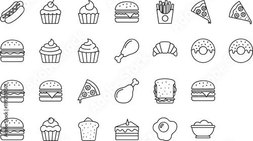 Fast food and dessert icons set with burgers cupcakes pizza fries and snack symbols outline collection