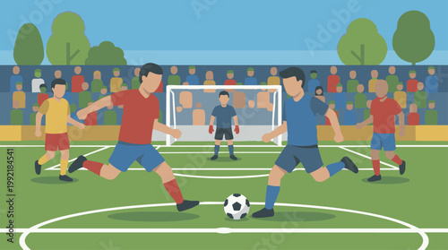 Flat design illustration of a soccer game with players and spectators in a stadium