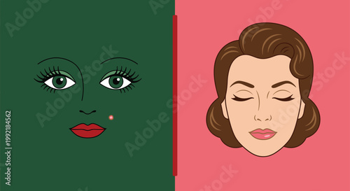 Female face illustration set showing eyes lips and portrait beauty makeup and skincare concept design