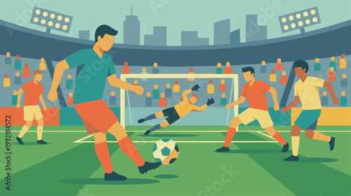 Football match action in a stadium with players, goalkeeper and crowd